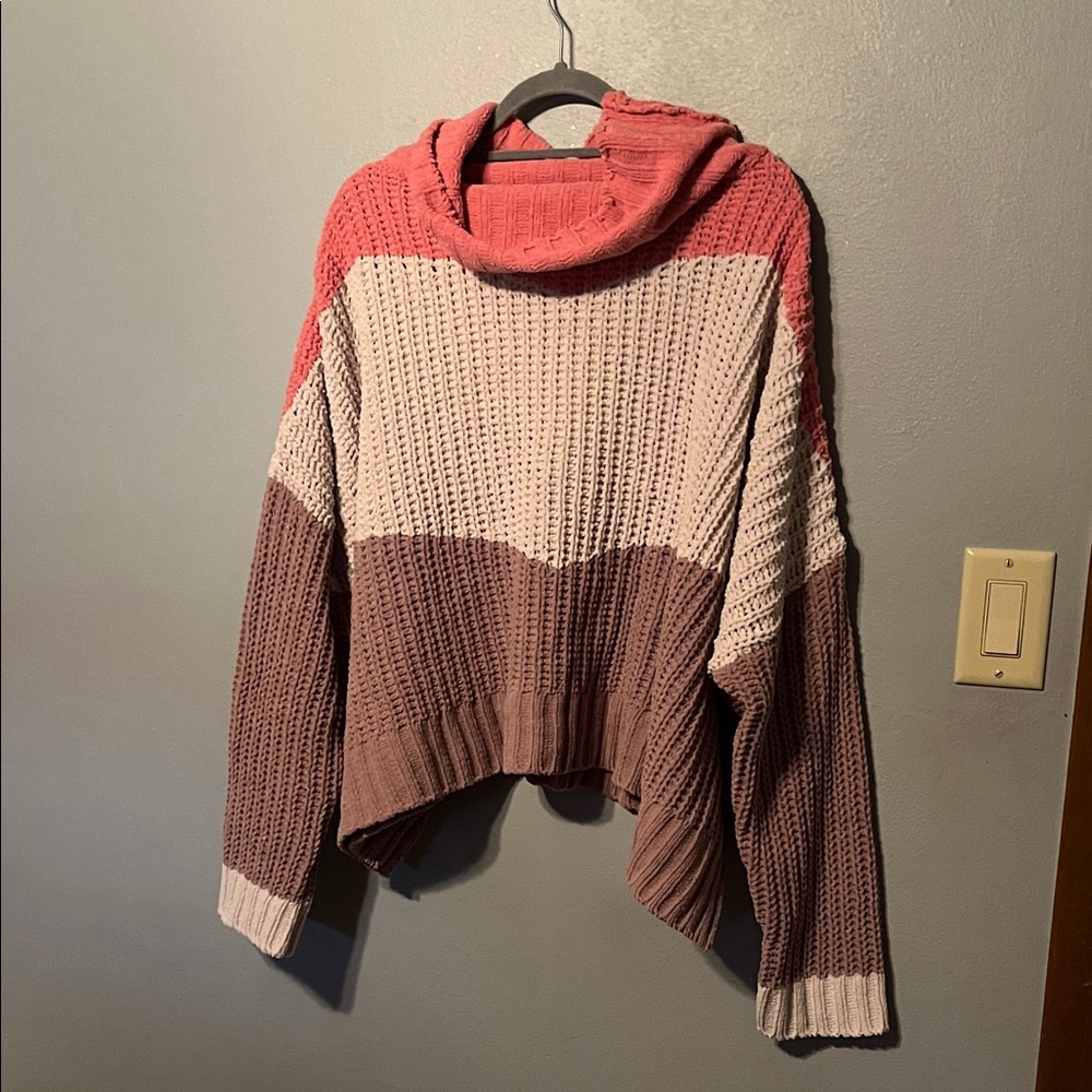 POL Women's Cowl Neck Sweater in Pink, Cream, and Brown